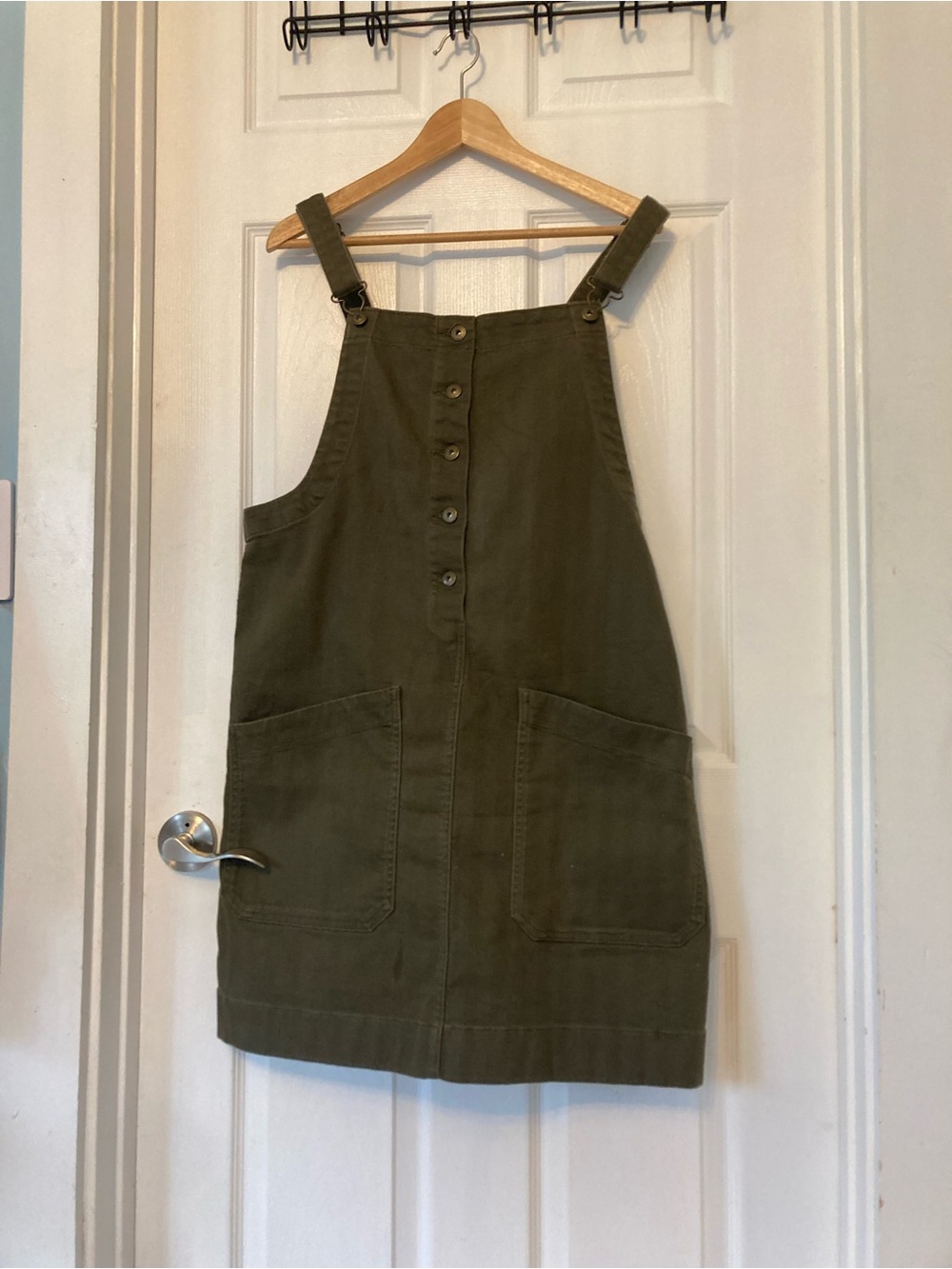Olive Green Cargo Utility Pinafore Dress with Button Front Overall